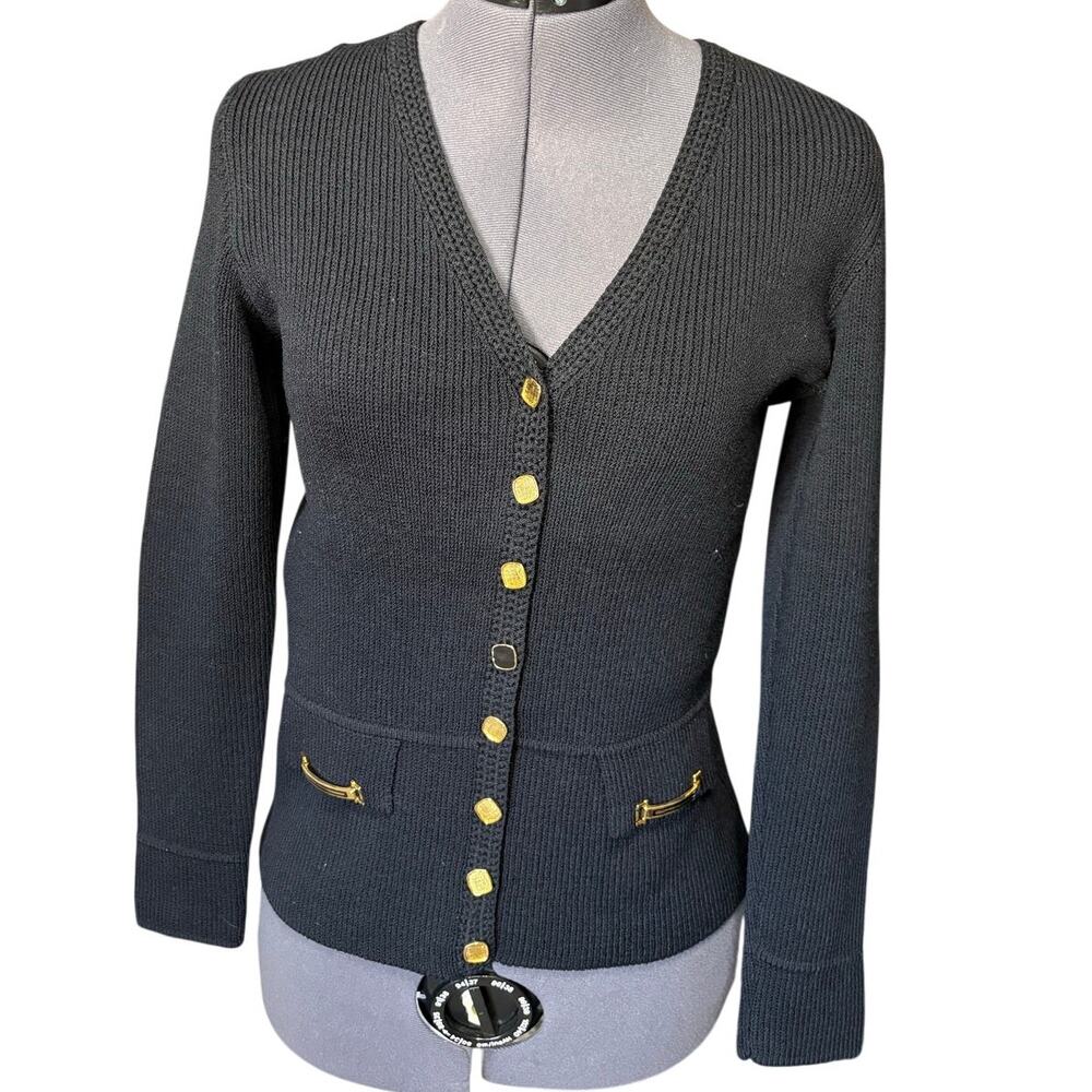 VTG St John for Lillie Rubin Black Santana Knit Cardigan Gold Logo Button Jacket